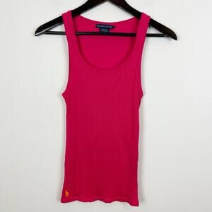 Ralph Lauren 100% Cotton Hot Pink and Orange Pony Ribbed Tank Top Size Medium